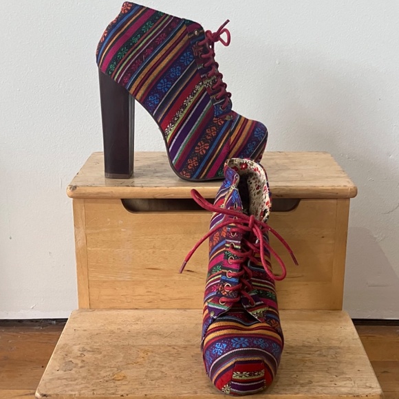 Multicolored textile platform heeled booties - Picture 3 of 8